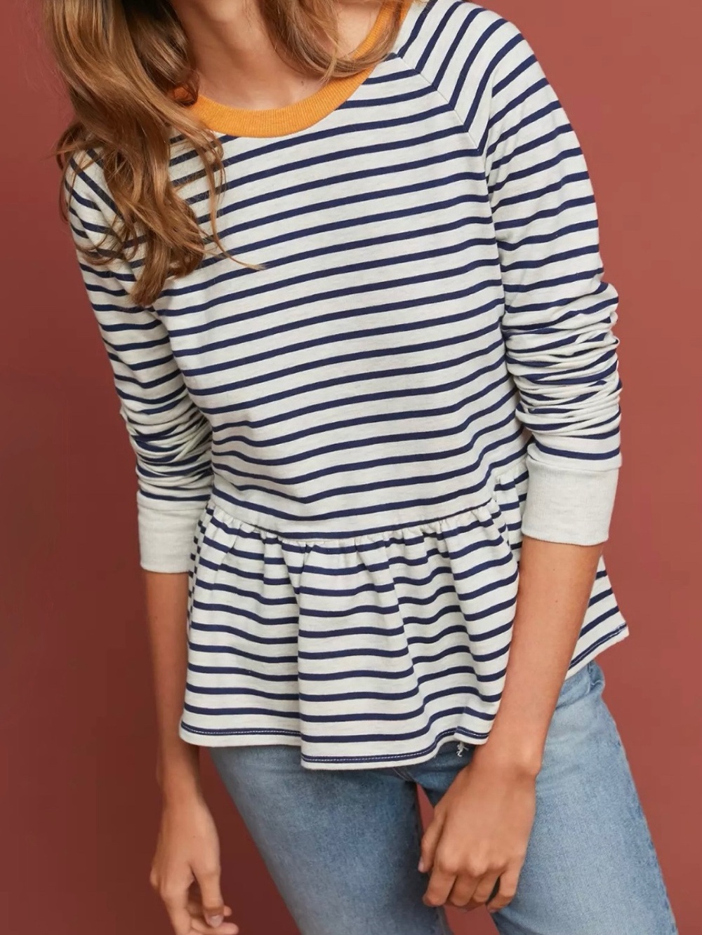 NWOT Anthropologie t.la Striped Peplum Long Sleeve Top Size M Blue Yellow Preppy